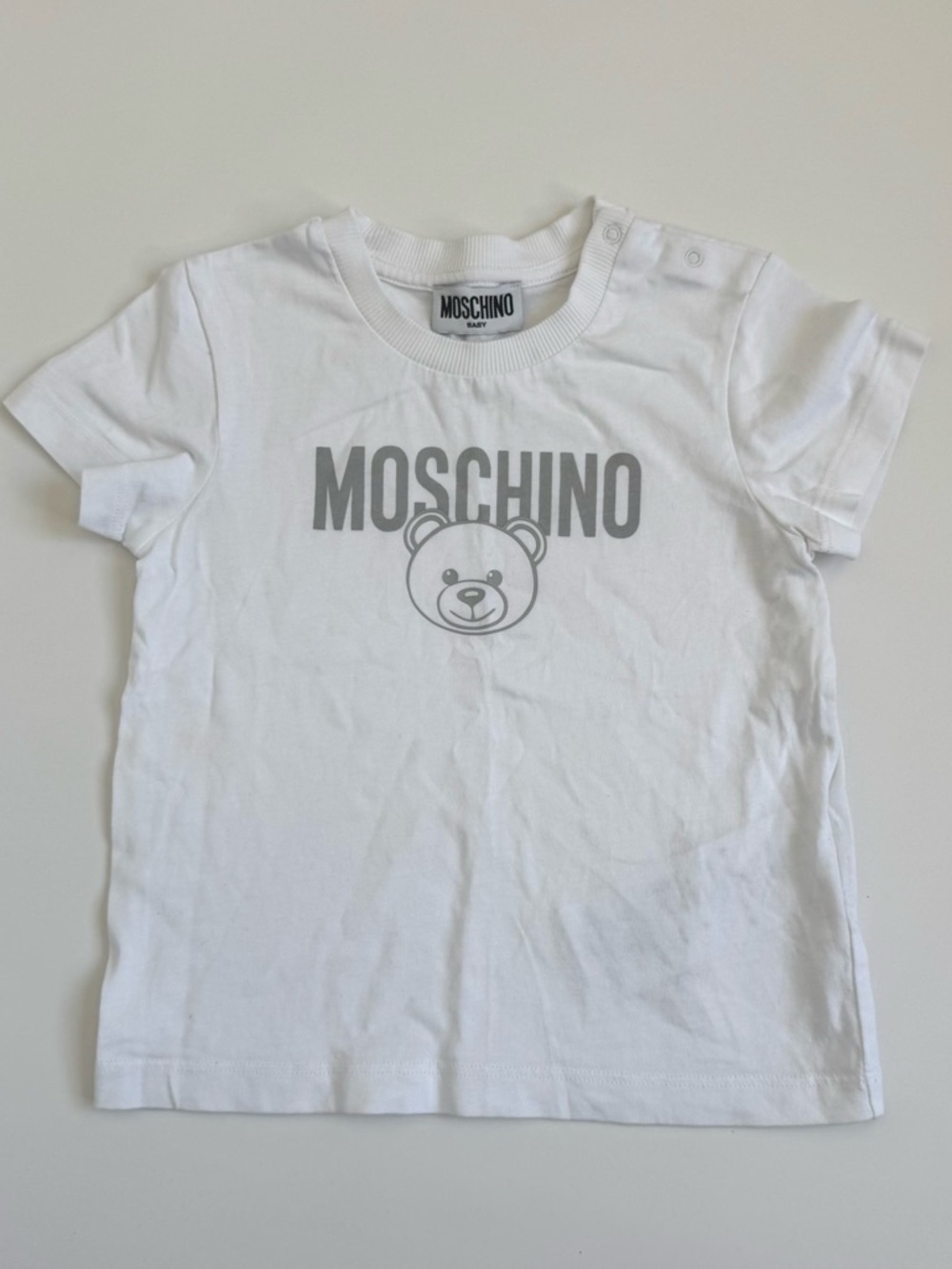 Moschino White Tee with Gray Logo & Bear Graphic